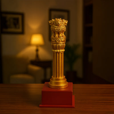 Ashoka Pillar with Stand – Wooden & Brass | 12 Inch