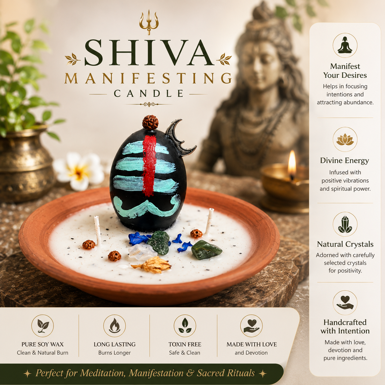 Shiva Manifesting Candle | Handmade Soy Wax Candle with Crystals & Herbs for Meditation, Manifestation & Spiritual Rituals