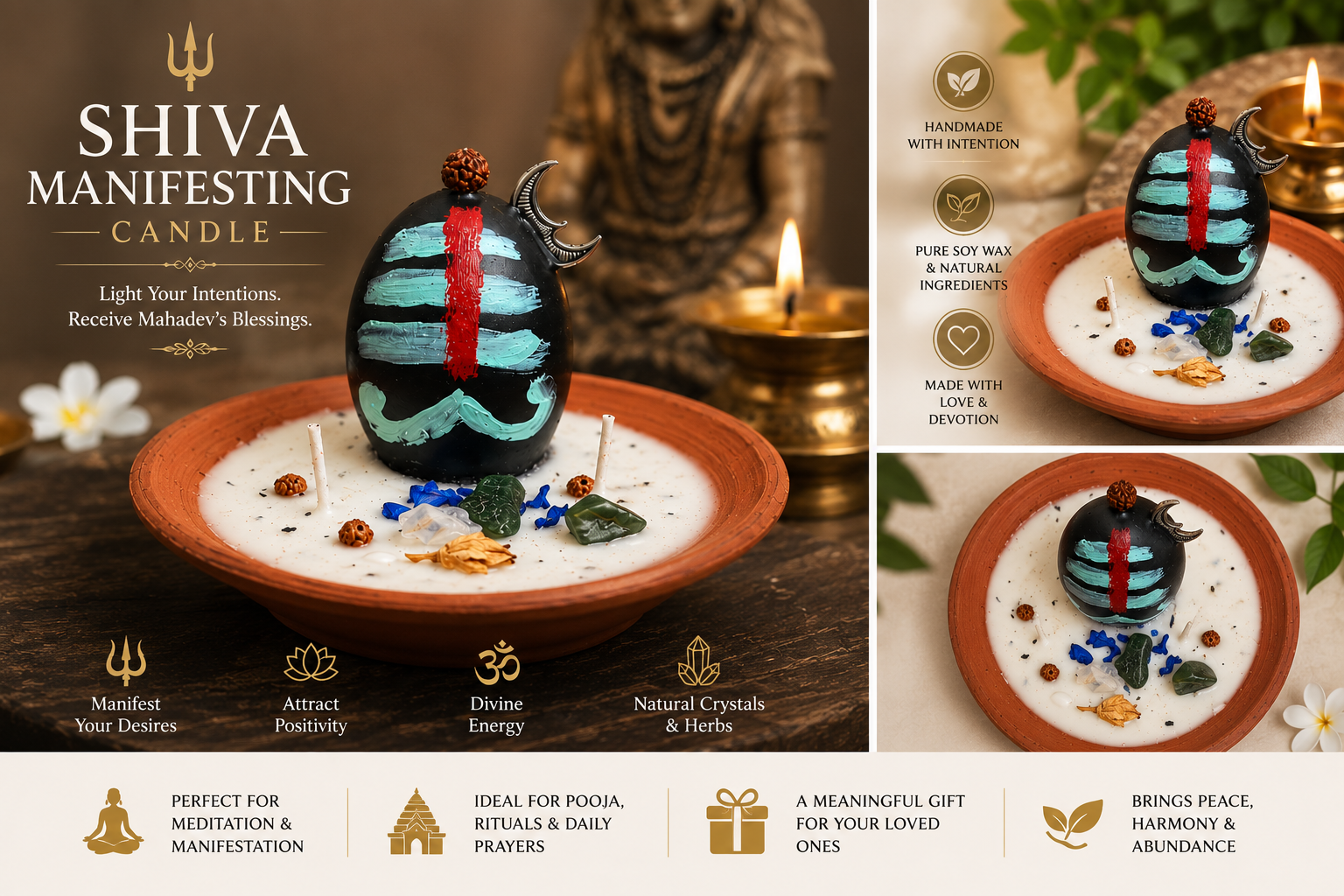 Shiva Manifesting Candle | Handmade Soy Wax Candle with Crystals & Herbs for Meditation, Manifestation & Spiritual Rituals