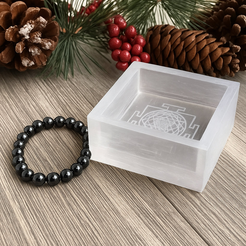 Selenite Square Bowl + Natural Pyrite Bracelet Combo