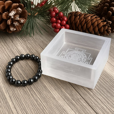 Selenite Square Bowl + Natural Pyrite Bracelet Combo