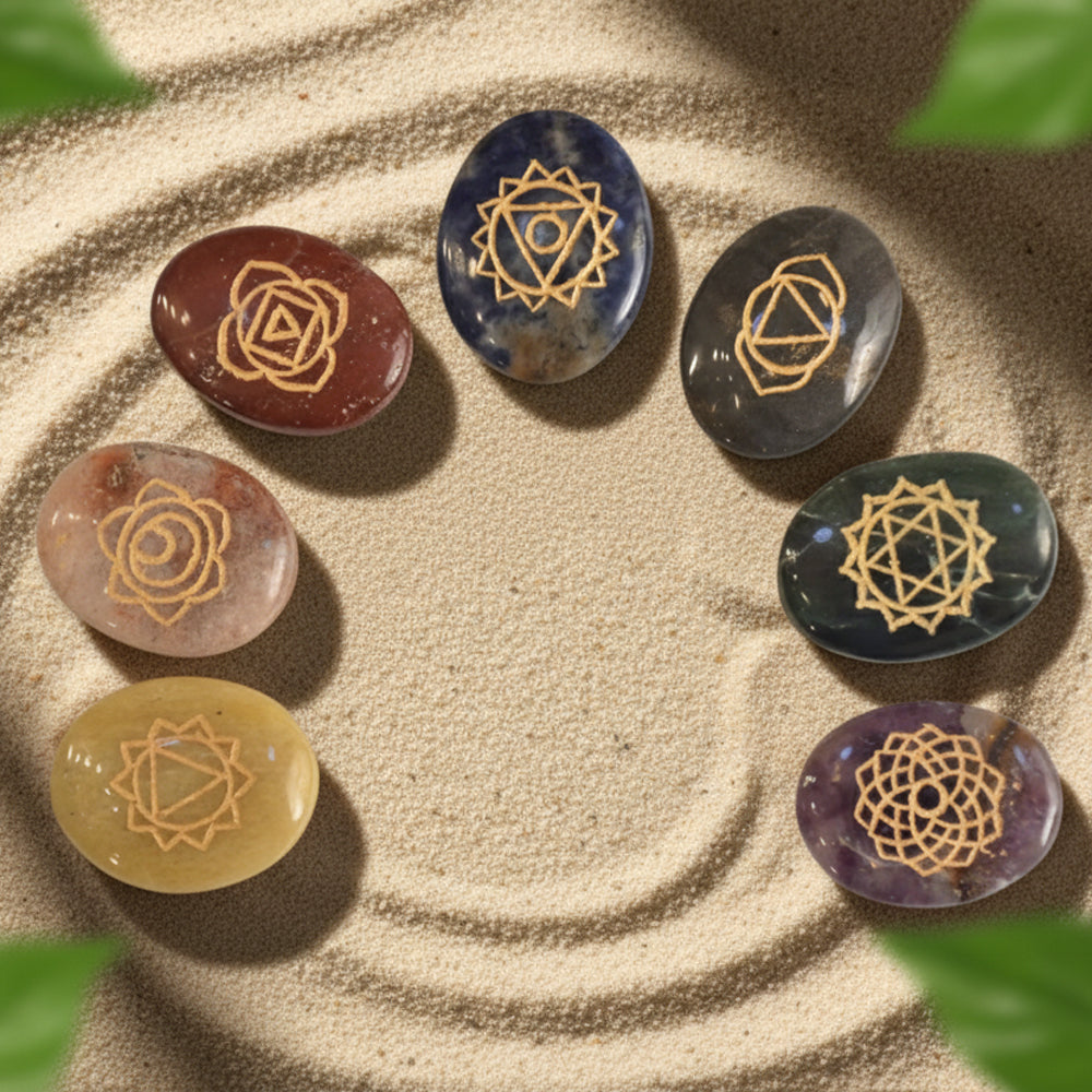 Set of 7 Chakra Healing Stones – Engraved Crystal Set for Energy Balance & Meditation