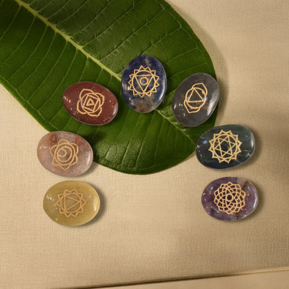 Set of 7 Chakra Healing Stones – Engraved Crystal Set for Energy Balance & Meditation